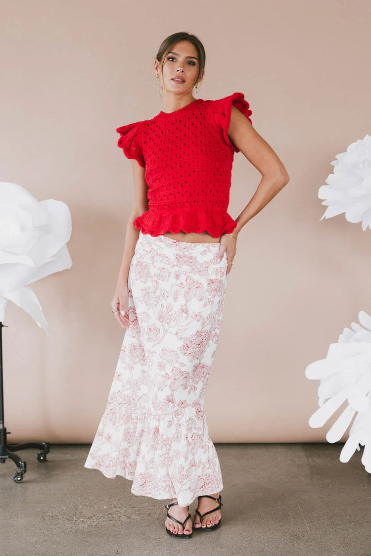 Ruffle hem top in red