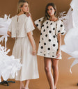 Puff shoulders polka dot dress in oatmeal