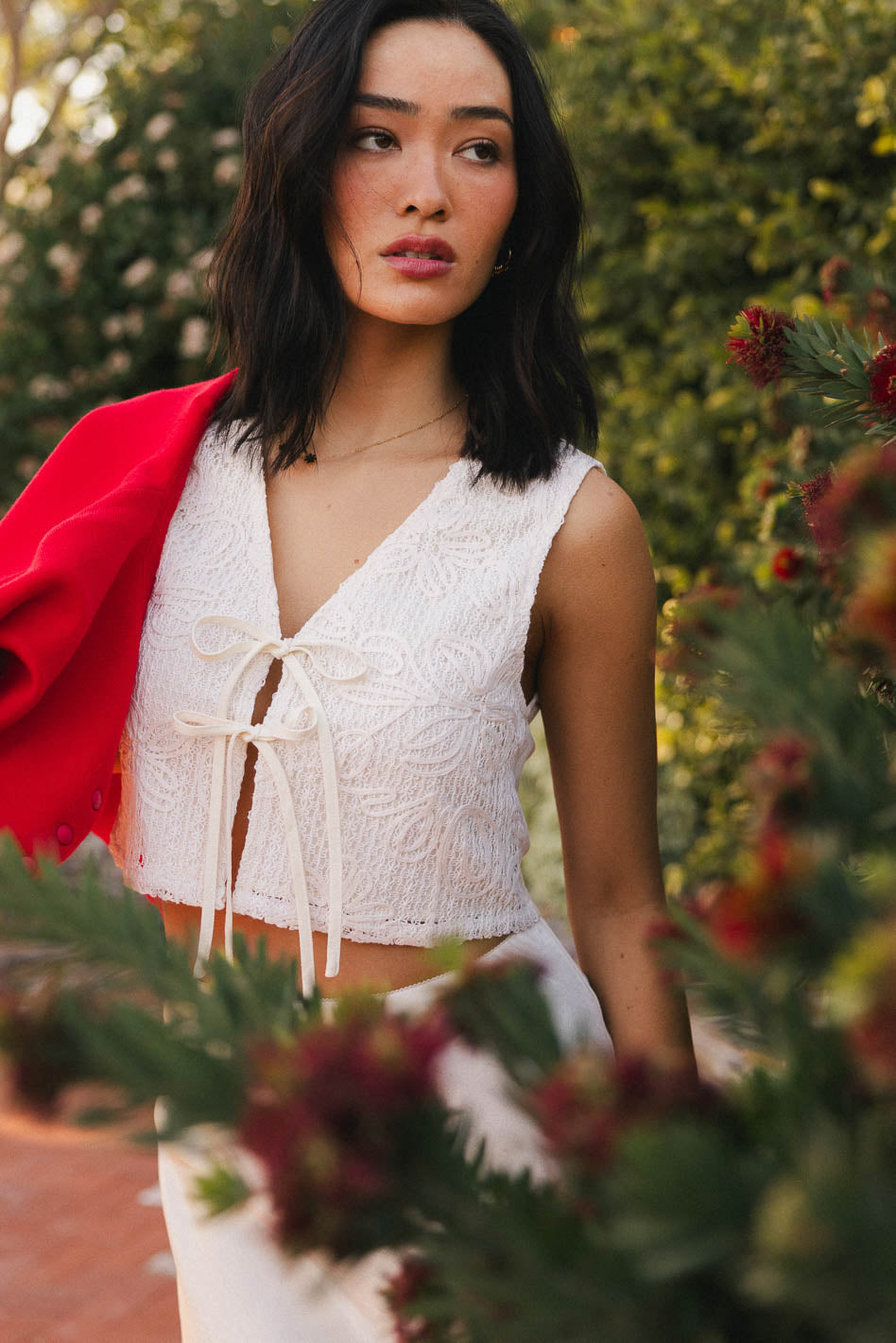 Front tie straps vest in oatmeal