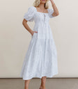 white dress with blue floral
