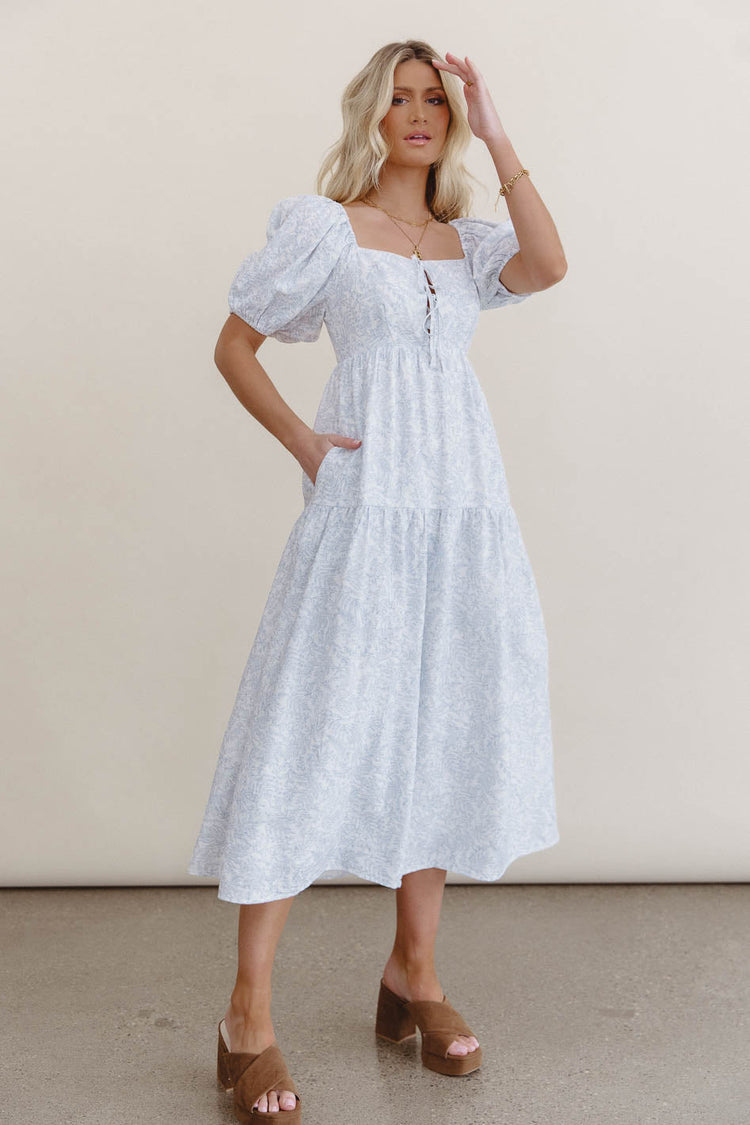 white dress with blue floral