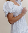 blue floral dress with puff sleeves