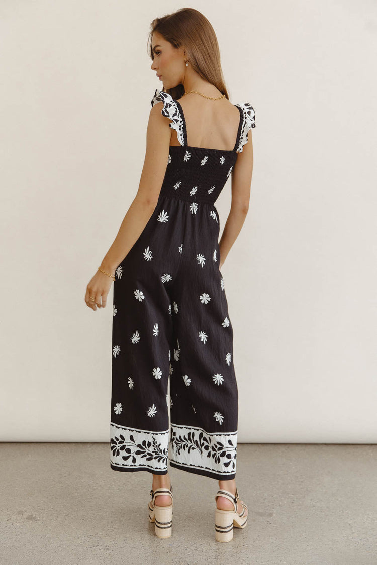 Embroidered flowers jumpsuit in black
