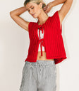 tie closure on red sweater vest