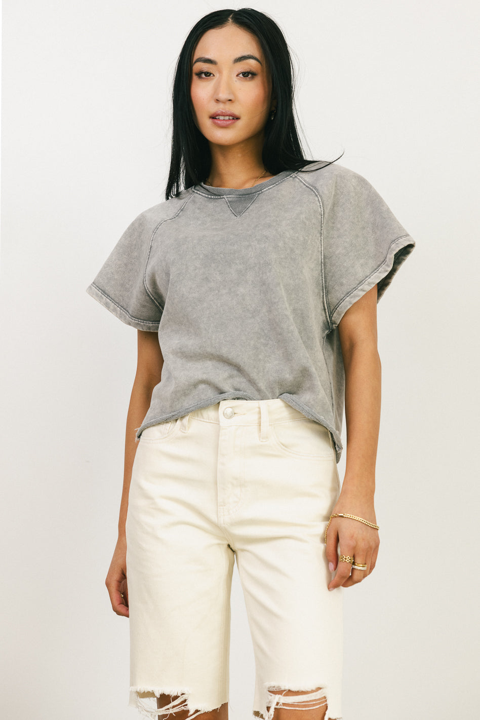 short sleeve, cap sleeve on gray top