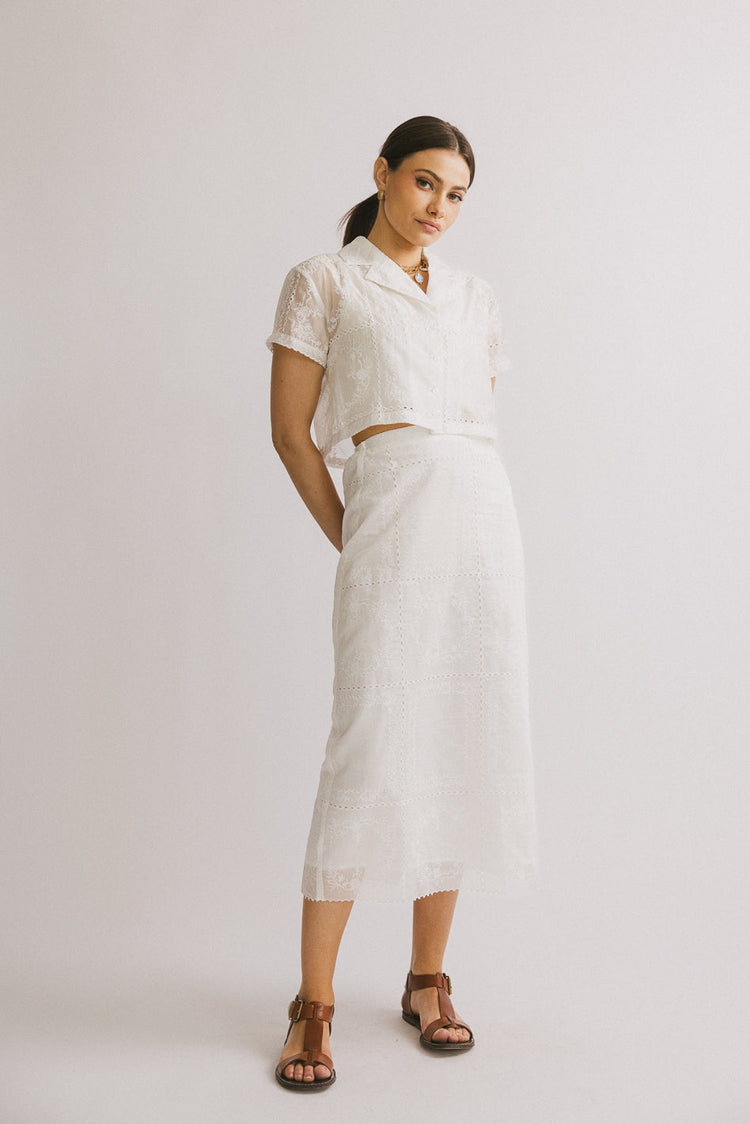 embroidered white midi skirt