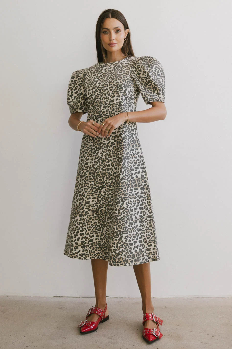 Midi denim dress in leopard print