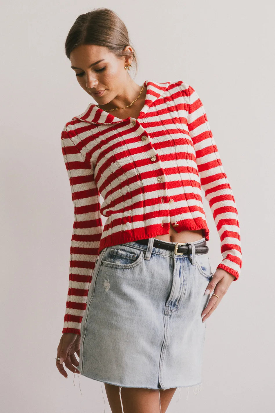 Knit striped top in red