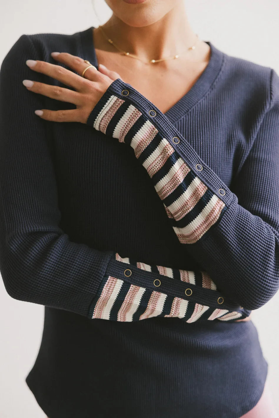 Button style cuff sleeves top in navy