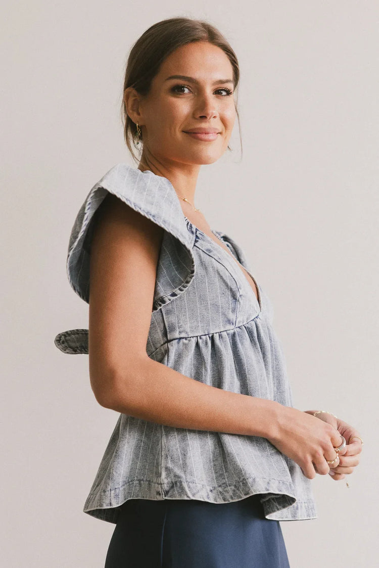 Striped denim top in medium wash