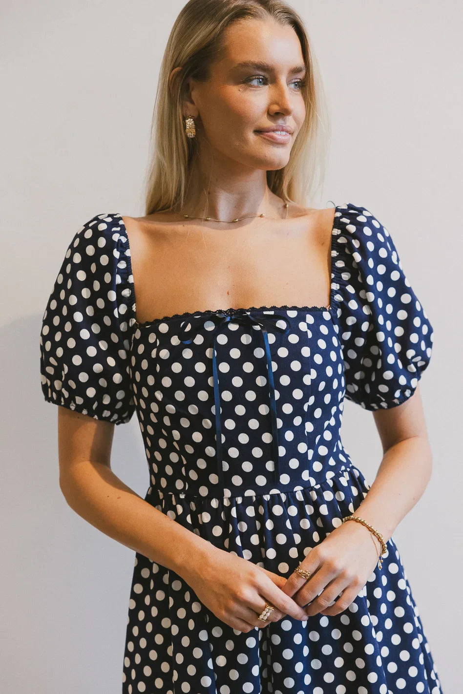 Square neck polka dot dress in navy
