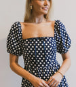 Square neck polka dot dress in navy
