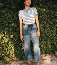 button front on blue short sleeve blouse