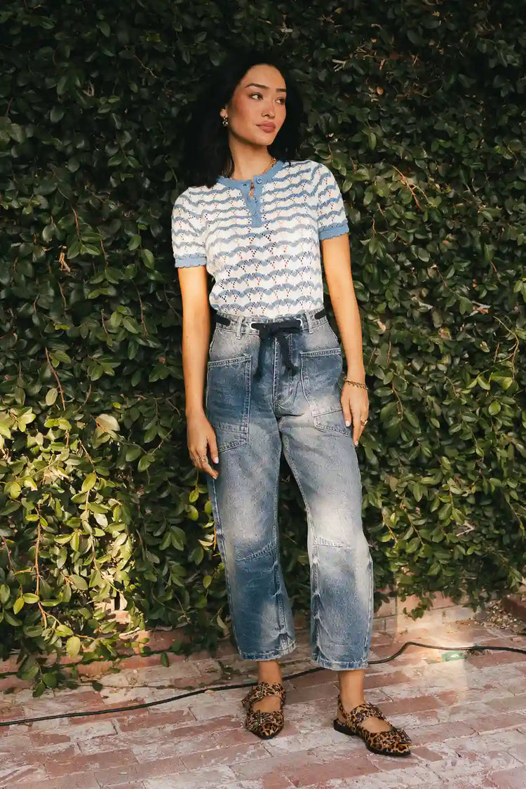 button front on blue short sleeve blouse