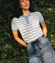 blue and white knit top