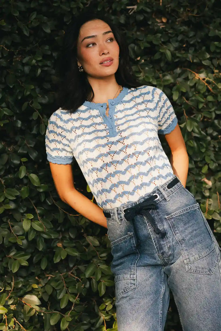 blue and white knit top