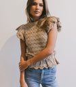 Ruffle hem sleeves in tan